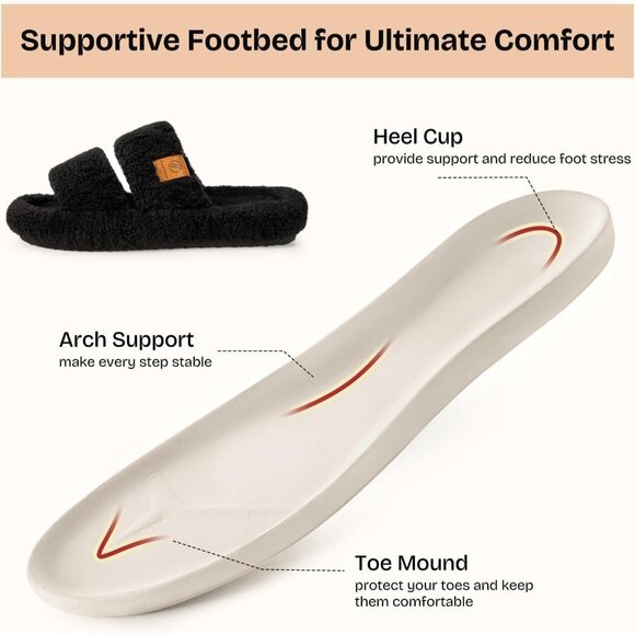⚡Women's Matt Black Fuzzy Open Toe Slippers Soft Comfy Memory Foam House Shoes - Picture 3 of 8